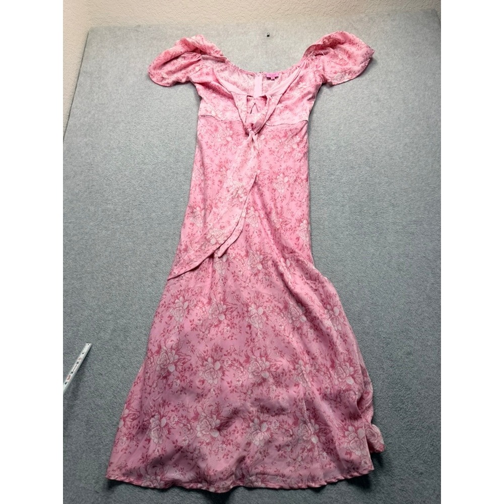 Pink Floral Puff Sleeve Midi Dress Sweetheart Neck Front Tie Slit D-3-3(4066)
